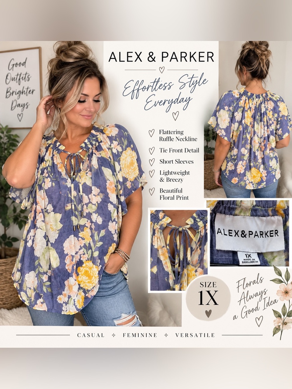 Alex & Parker Blue Floral Ruffle Tie-Front Blouse 1x